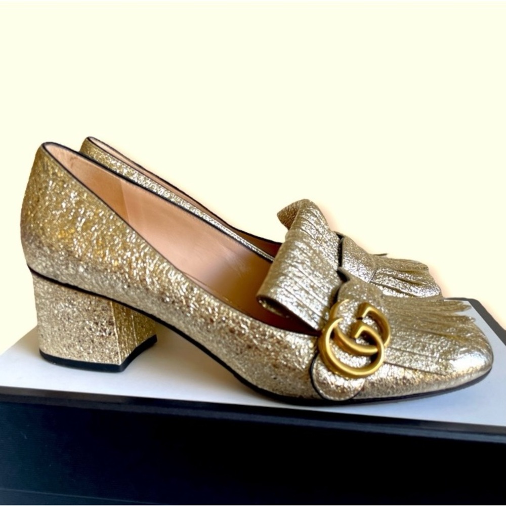 Gucci Galassia Marmont Metallic Gold Platino Loafers Pumps Heels